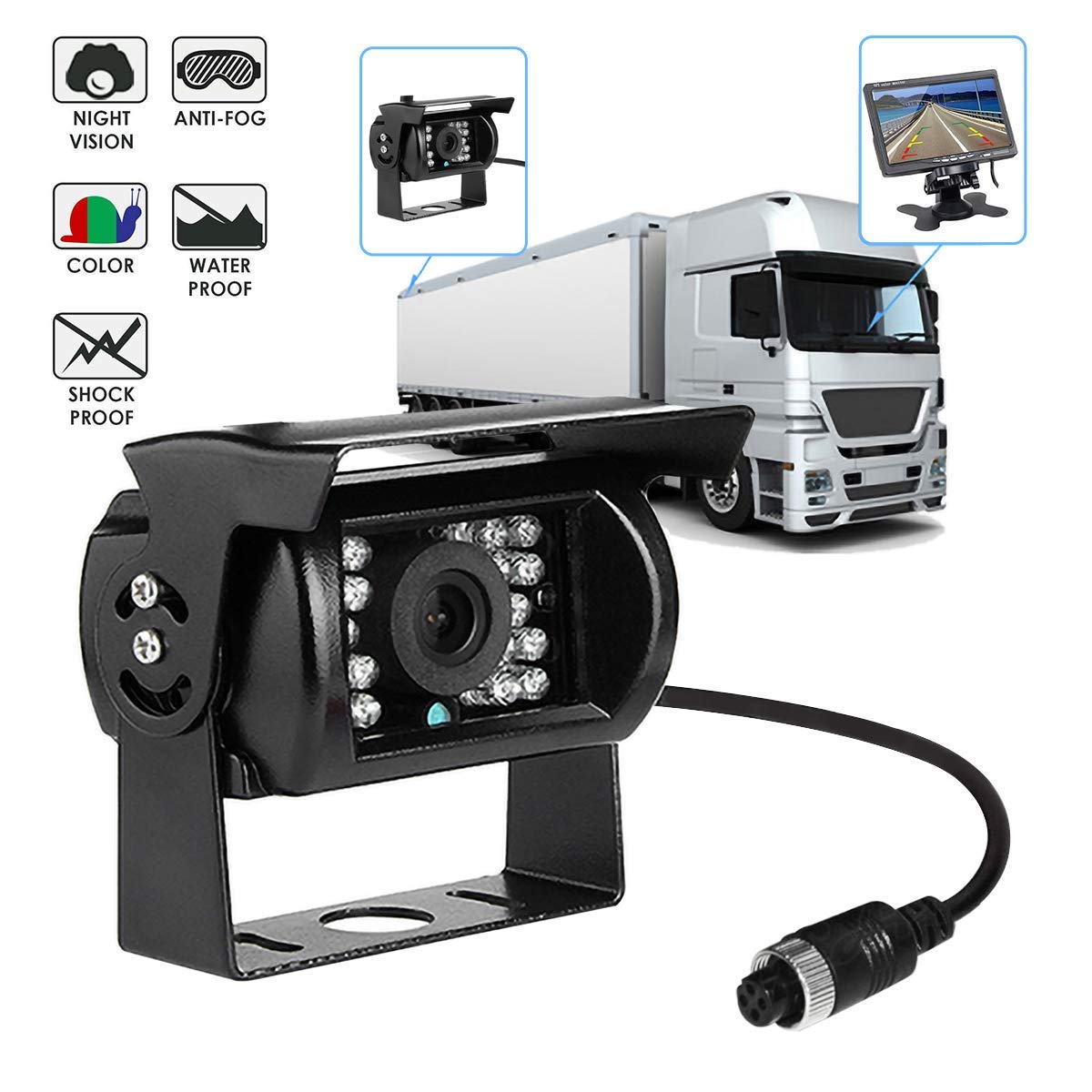 Caméra de recul 12 V-24 V, 4 broches, robuste, 18 LED infrarouges, vision nocturne, étanche, marche arrière, caméra de recul avec câble de 15 m à 4 broches