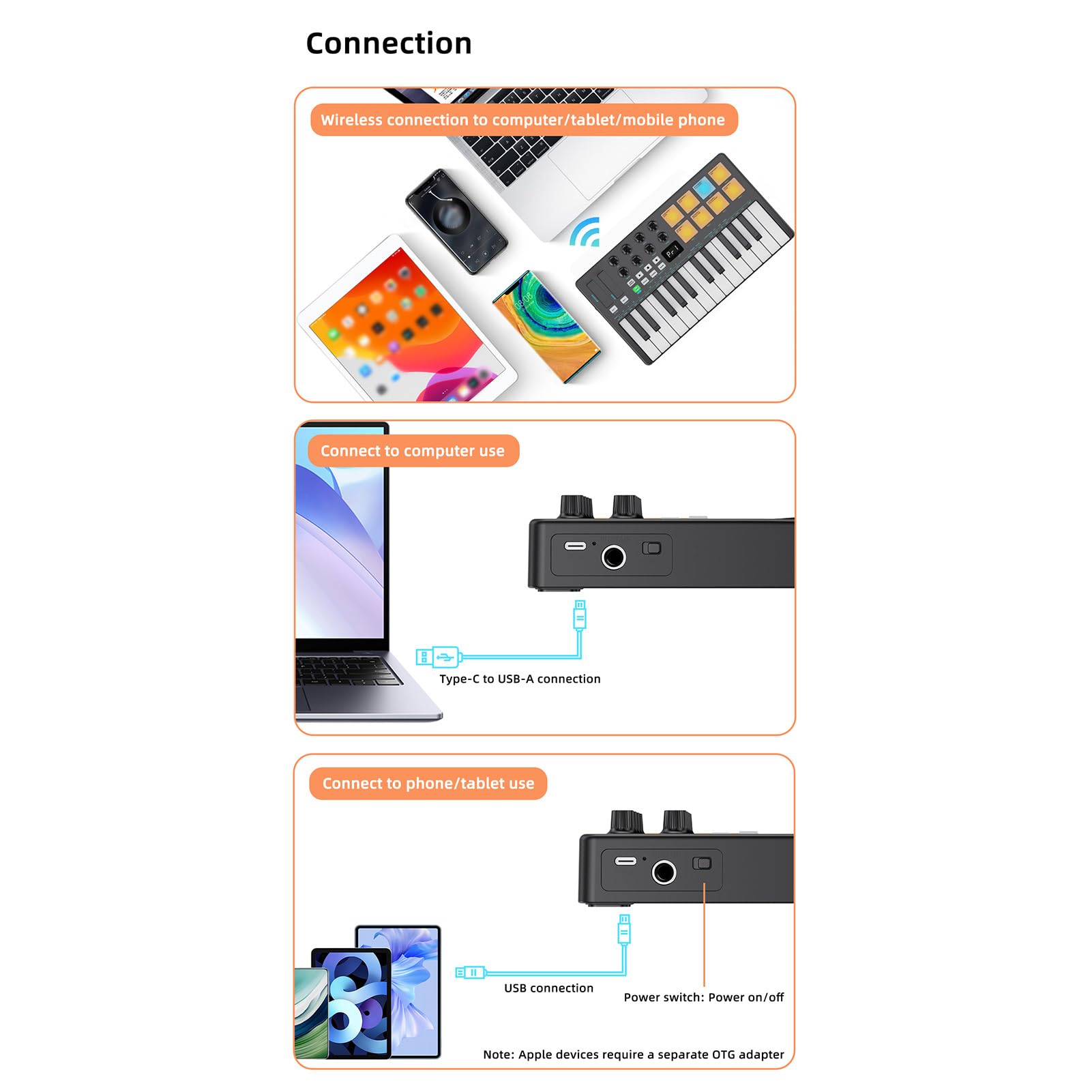 Walmeck Tastiera Controller MIDI BT a 25 Tasti con Pad Sensibili Alla velocità, Funzione di Accordo Arpeggiatore e Ricevitori Ricaricabili per la Produzione DAW (Nera)