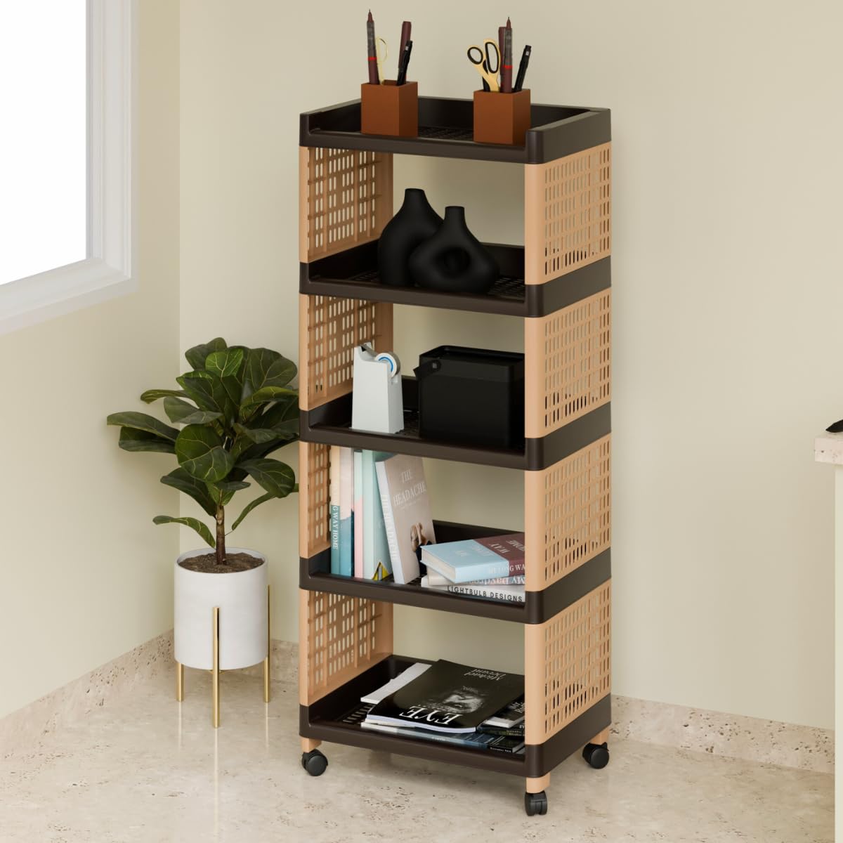 Biltoxi Plastic Multipurpose Storage Organizer With 5 Shelves for Home, Kitchen, Bathroom | Kitchen Trolley With Wheels (Brown and Ivory)-picture-12