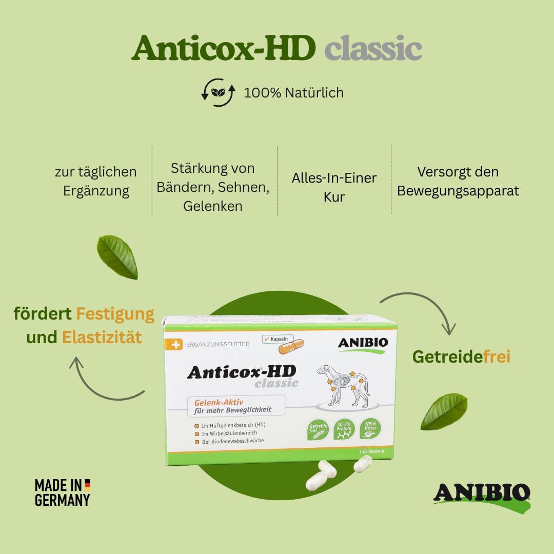 Anibio Anticox-HD Classic 140 Kapseln K Gelenk- & Beweglichkeits-Kapseln für Hunde & Katzen – Pflanzliches Ergänzungsfuttermittel bei Gelenkproblemen, HD, Arthrose, Sehnen & Bänder