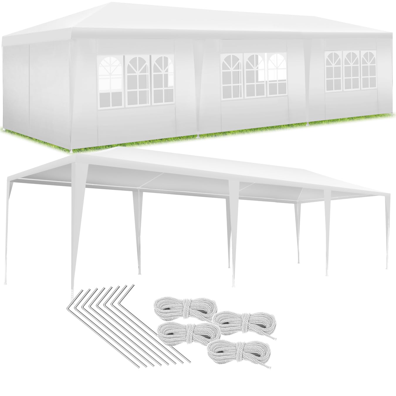 tectake® Carpa Desmontable, con 8 Paneles Laterales Desmontables, Protección a la Intemperie, Cenadores para Jardin, Playa, Cuerdas Tensoras y Piquetas, Carpas para Exteriores - 9x3 m Blanco
