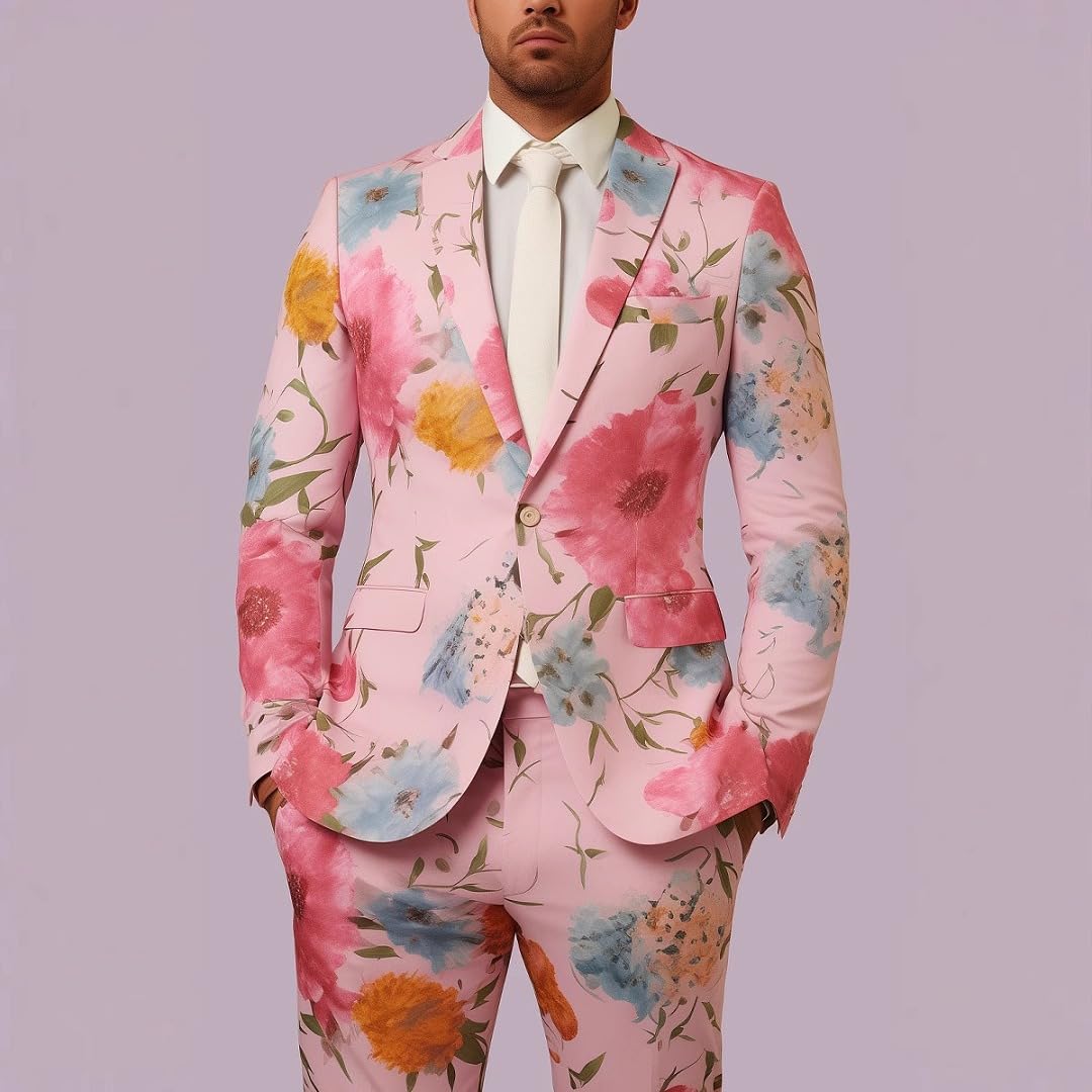 da Uomo 2 Pezzi Acquerello Floreale Stampa Abito Rosa Grande Fiore Blazer Pantaloni