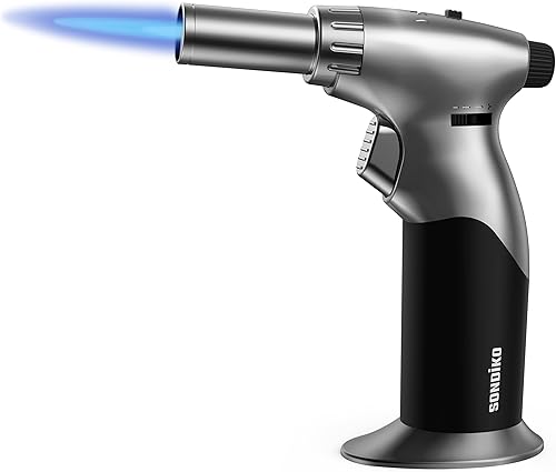 Sondiko Potente soplete de butano de llama de estilo dual, encendedor de butano de tamaño de llama triple ajustable, soplete recargable con bloqueo