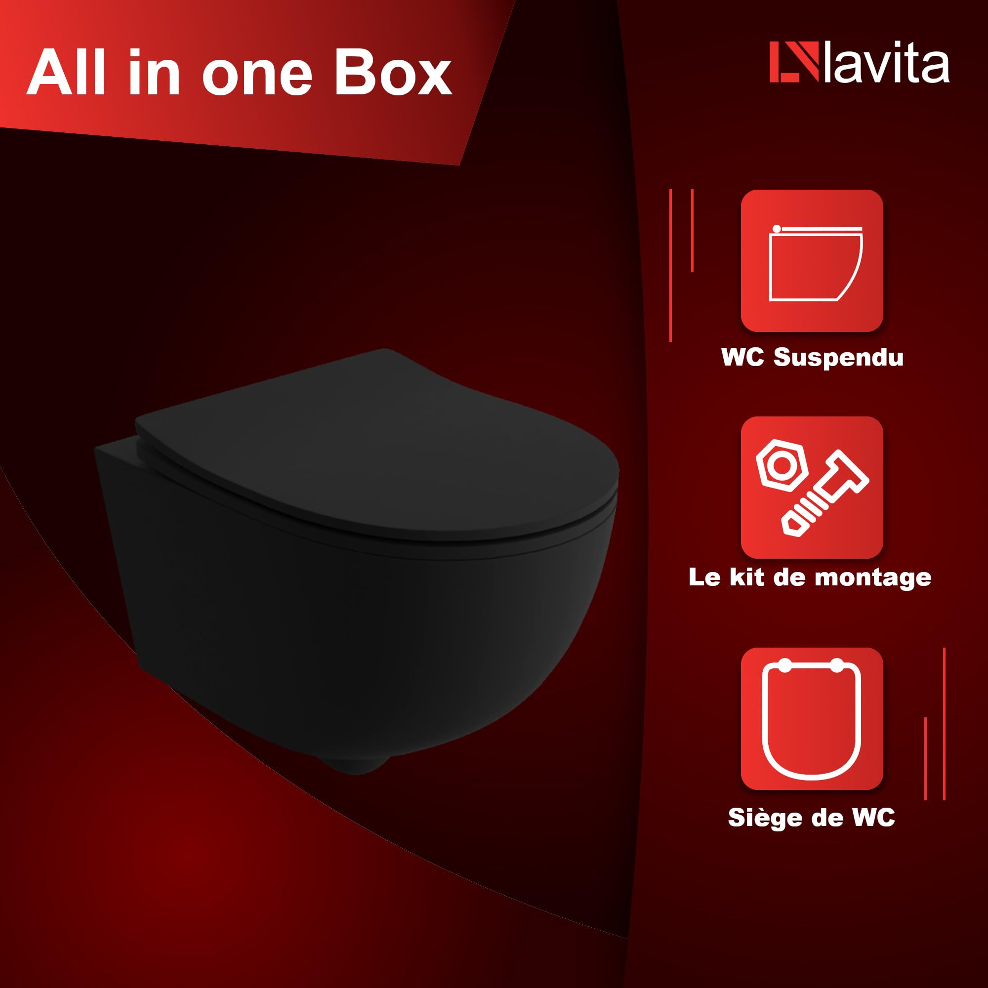 LAVITA Brava Black Abattant de WC suspendu avec système d'abaissement automatique et charnières en métal Noir 360 x 480 x 375 mm