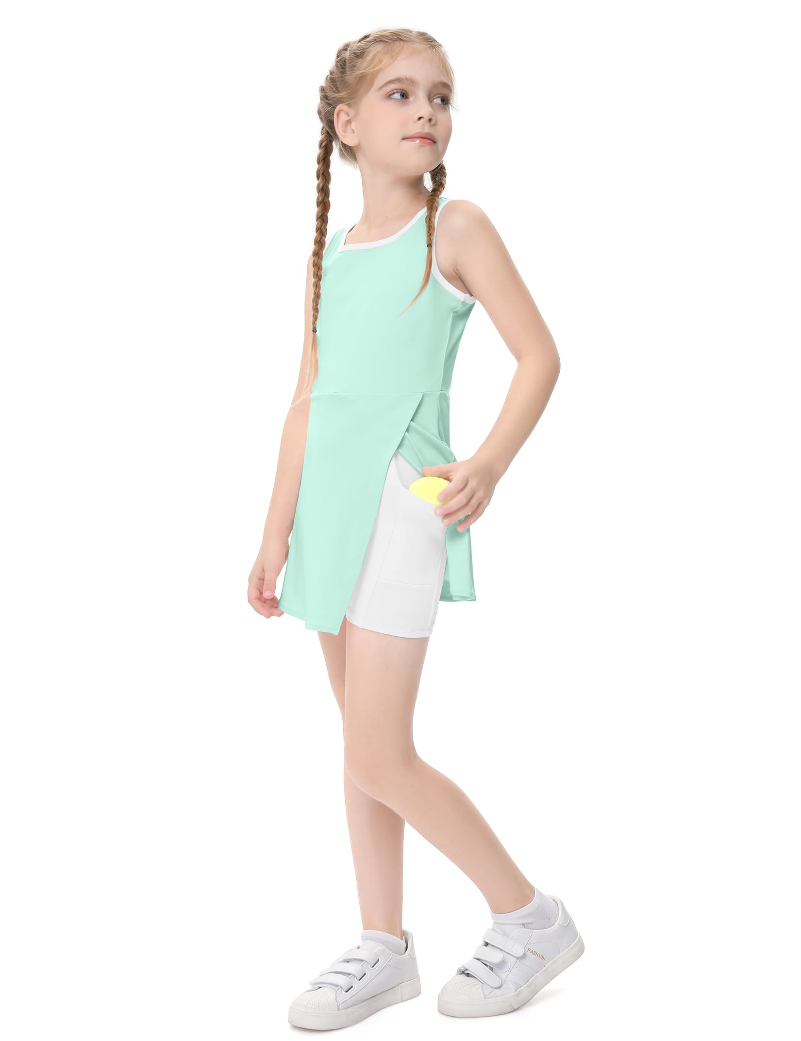 Ärmelloses Freizeitkleid für kleine Mädchen, Golfkleid, Tenniskleid, Rundhalsausschnitt, mit Sicherheitsshorts und Taschen