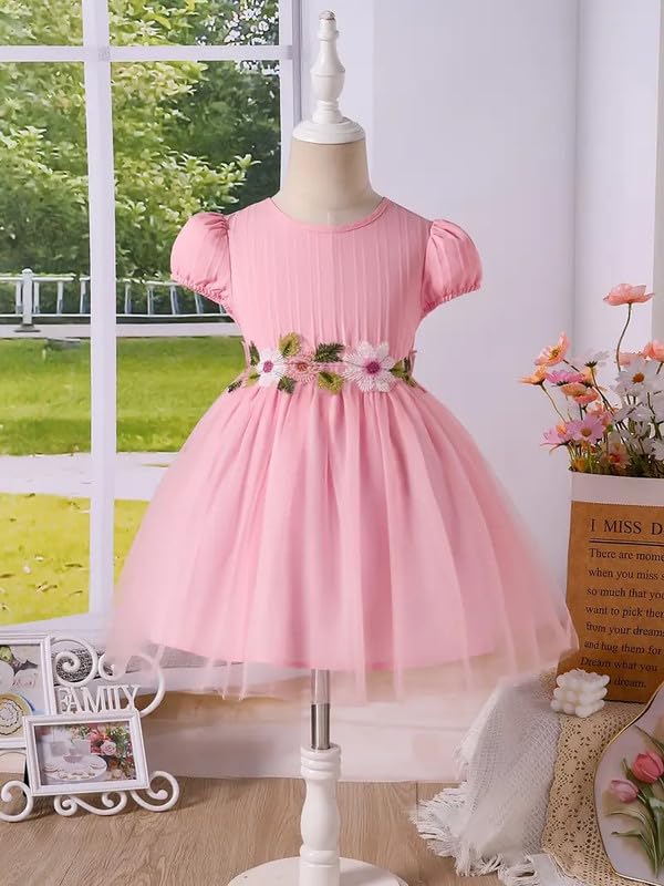 Image of Niren Enterprise Girls' Lilac Flower Waist, Tulle Skirt, Puff Sleeve, Elegant Birthday, Soft Lining Dress