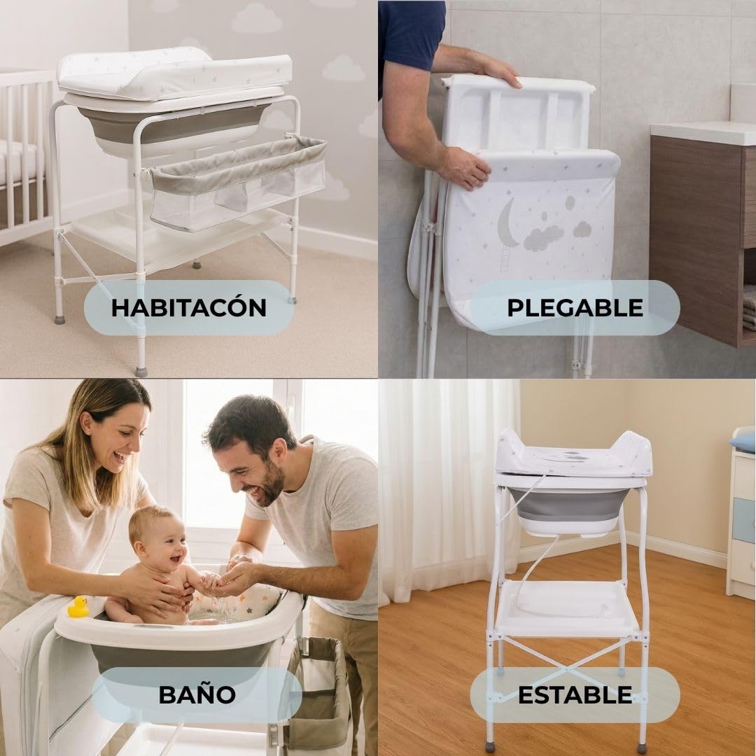 BATHBY Bañera Bebé con Patas Multifuncional 6 en 1: Plegable con Soporte, con Termómetro, Cojín Reductor, Cambiador, Bandeja y Cesta Organizadoras, Desagüe con Tubo y Soporte para Ducha, (Gris Pro)
