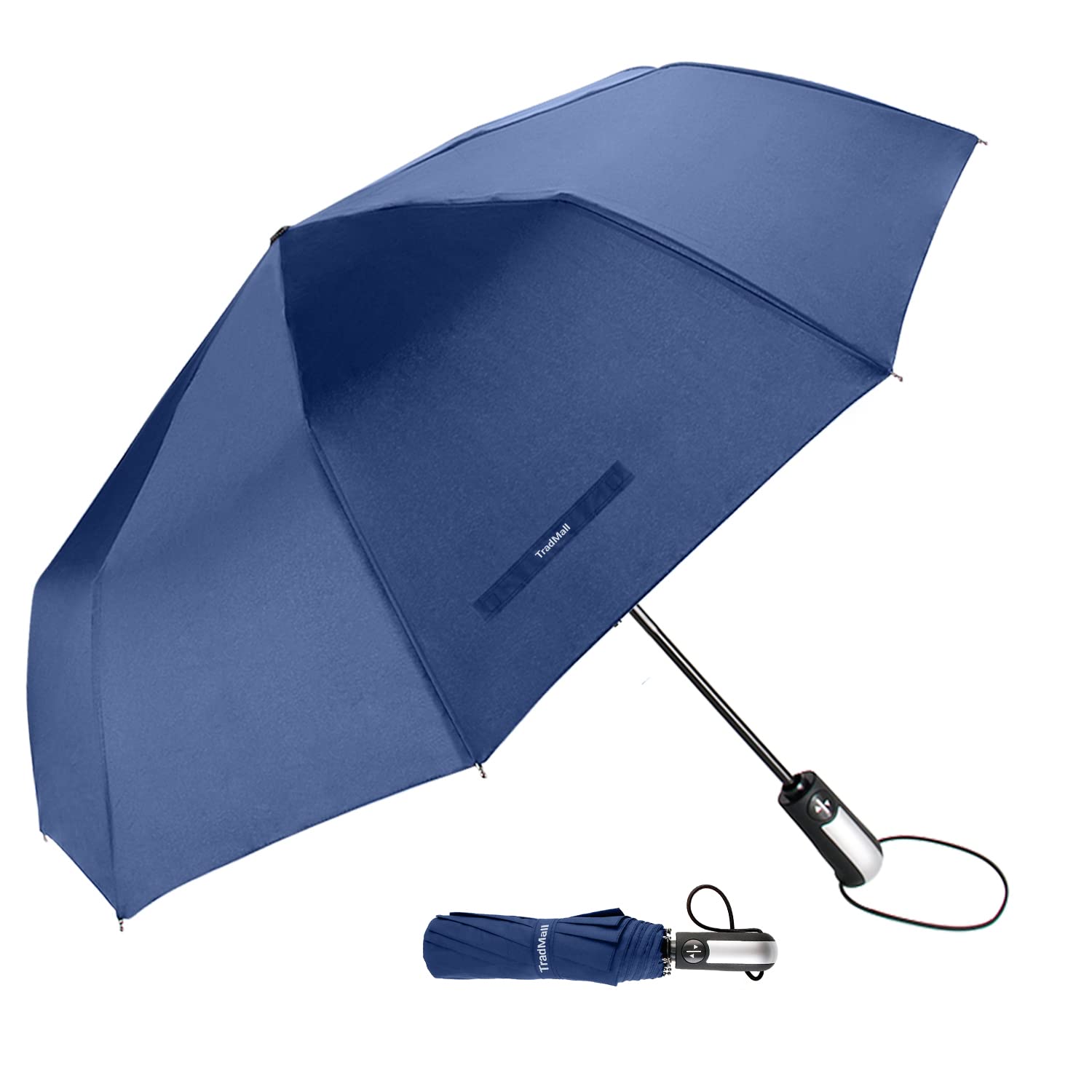 TradMall Travel Umbrella Windproof with 46/56 Inches Large Canopy 10 Reinforced Fiberglass Ribs Ergonomic Handle Auto Open & Close, Navy Blue, 56 Inches, Classic
