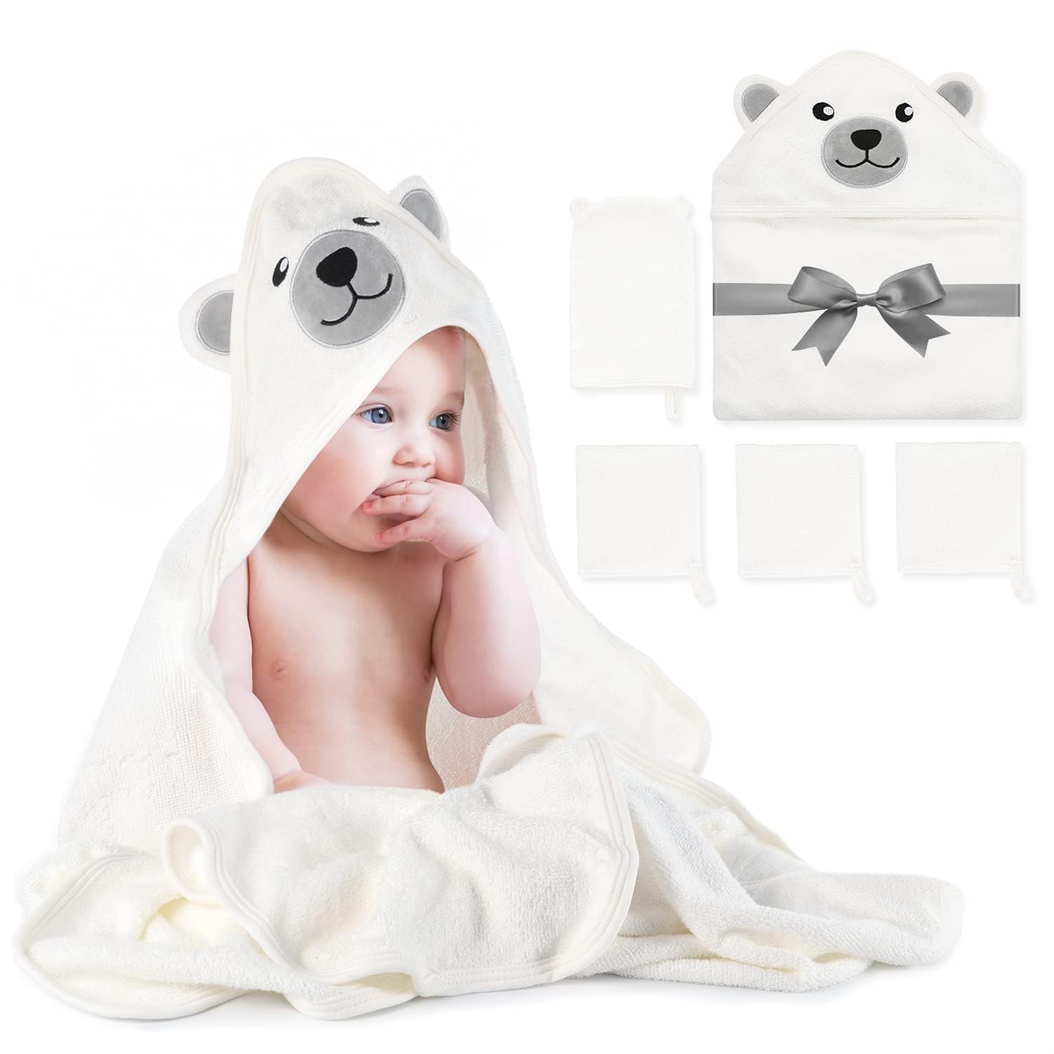 2 Asciugamani Con Cappuccio Per Neonati – 100% Cotone, Ricami Elefante E Coniglio, 75x75 Cm, Regalo Baby Shower - 5