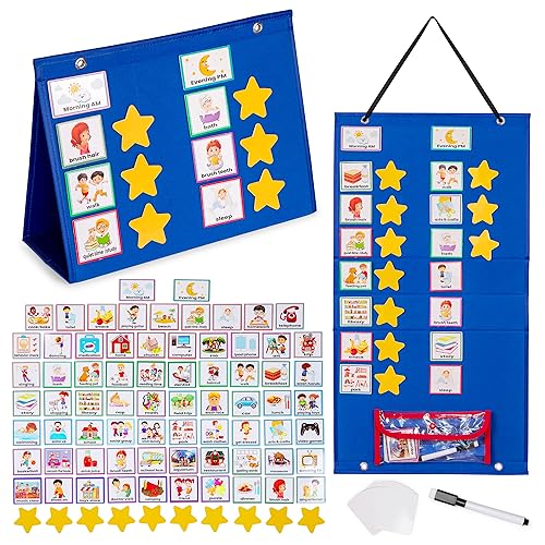 Large Visual Schedule for Kids with Autism – Morning Bedtime Routine Daily Calendar for Kids with 72 Activity, 10 Blank Cards & 15 Stars- Wall Communication Chore Chart Responsibility Planner
