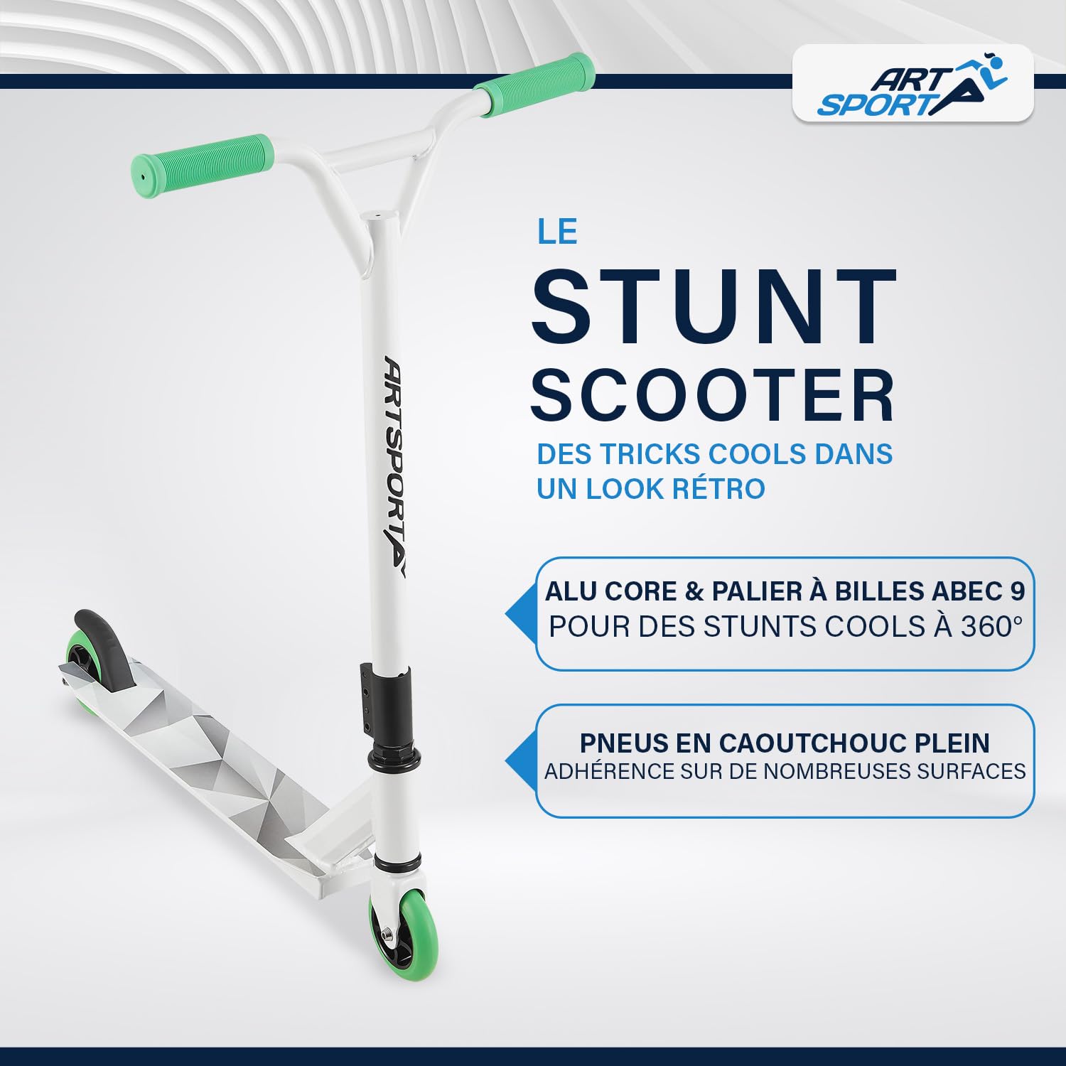 ArtSport Trottinette Freestyle avec Guidon à 360°, roulement à Billes ABEC 9, Roues en PU de 100 mm et Bande antidérapante, patinette pour Enfants, Figures et Stunt