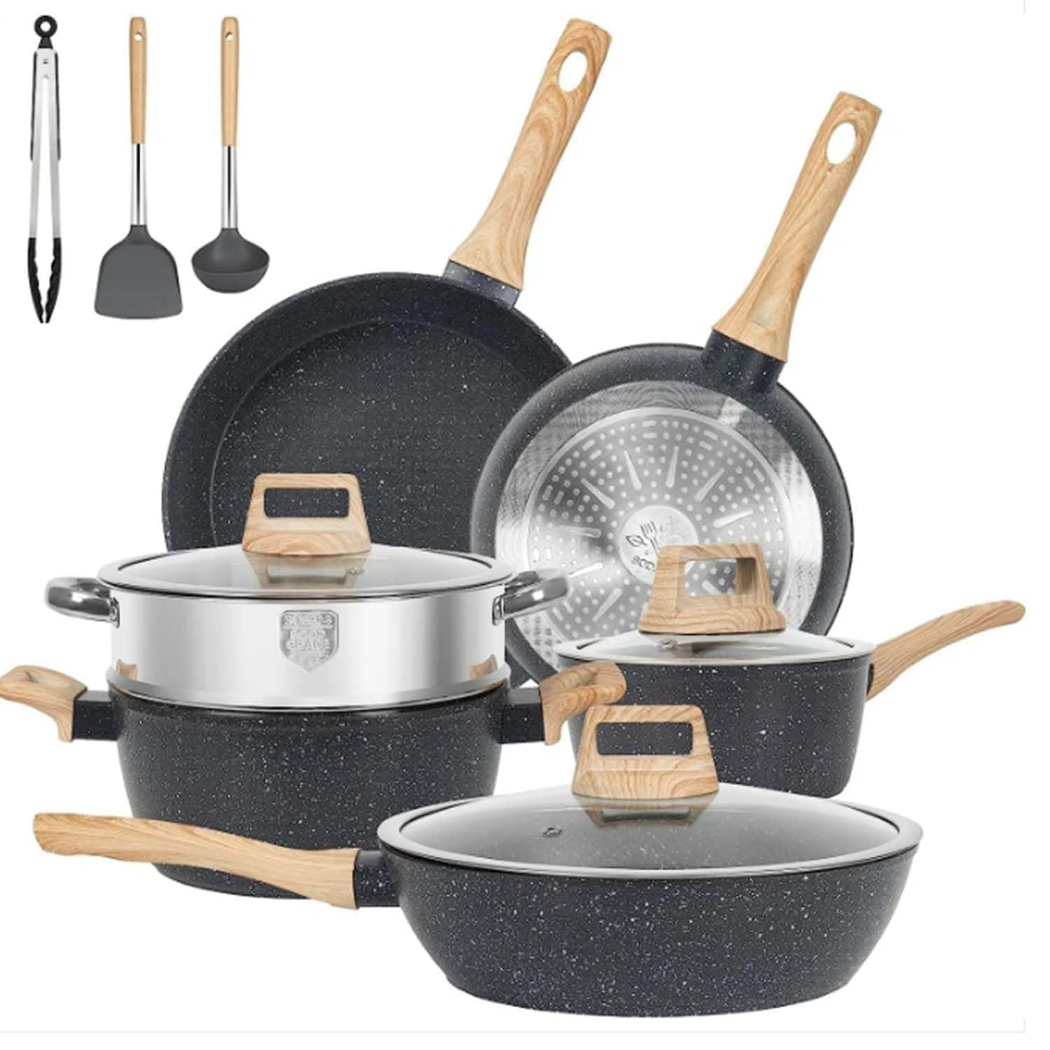 12 Pcs Pots and Pans Set, Non Stick Kitchen Cookware Sets, Nonstick Induction Cookware Black Granite Cooking Set with Frying Pans, Saucepans, Steamer Silicone Shovel Spoon & Tongs, Black