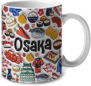 Lotacy Osaka Symbols Colorful 2D Printed Coffee Mug With Flag, 11oz, Osaka Souvenirs and Gifts