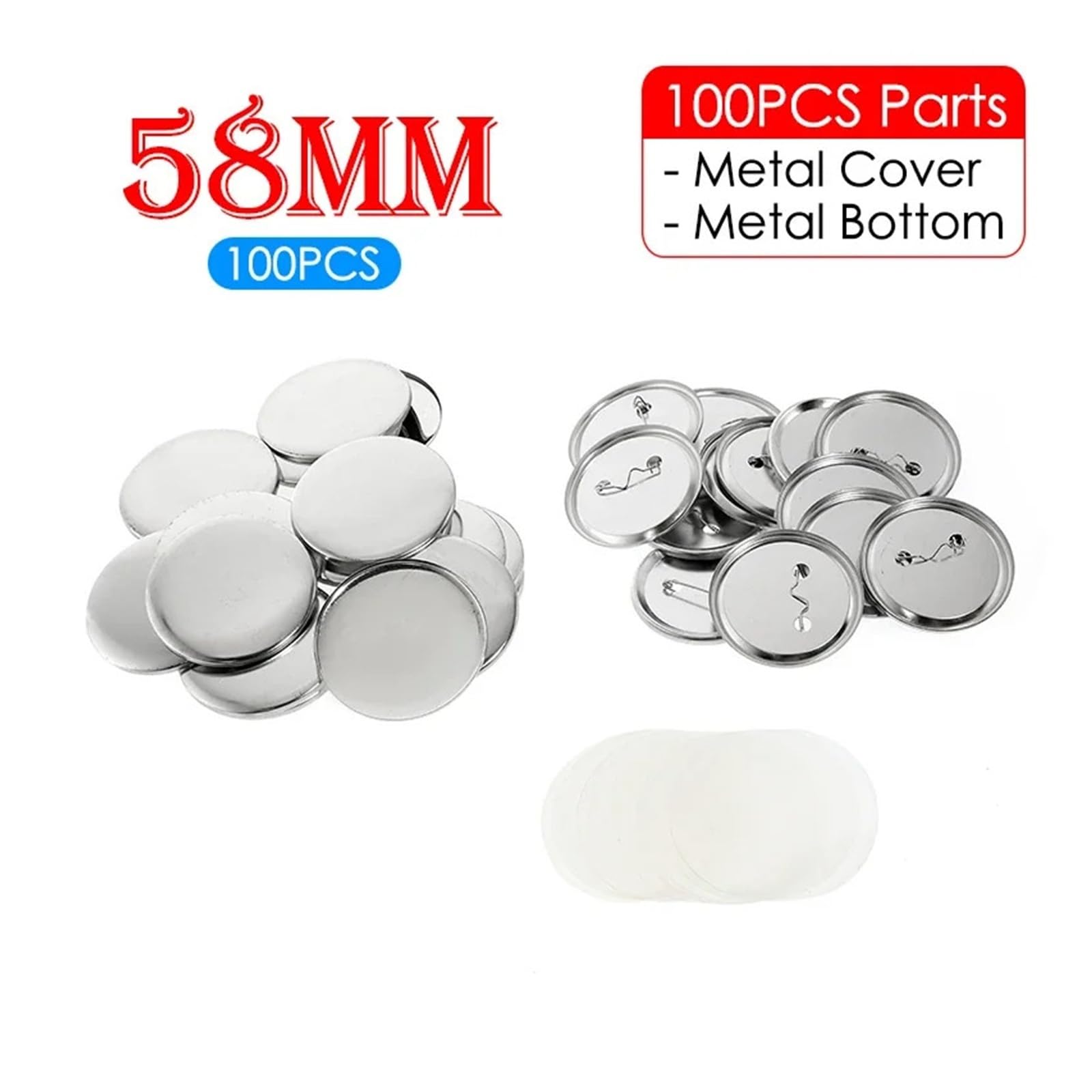 Teile zur Herstellung von Anstecknadeln und Knöpfen, 100er-Set, 58 mm, rund, Materialien for Knopfmacher, Presse, Kunsthandwerk, DIY Für Basteln