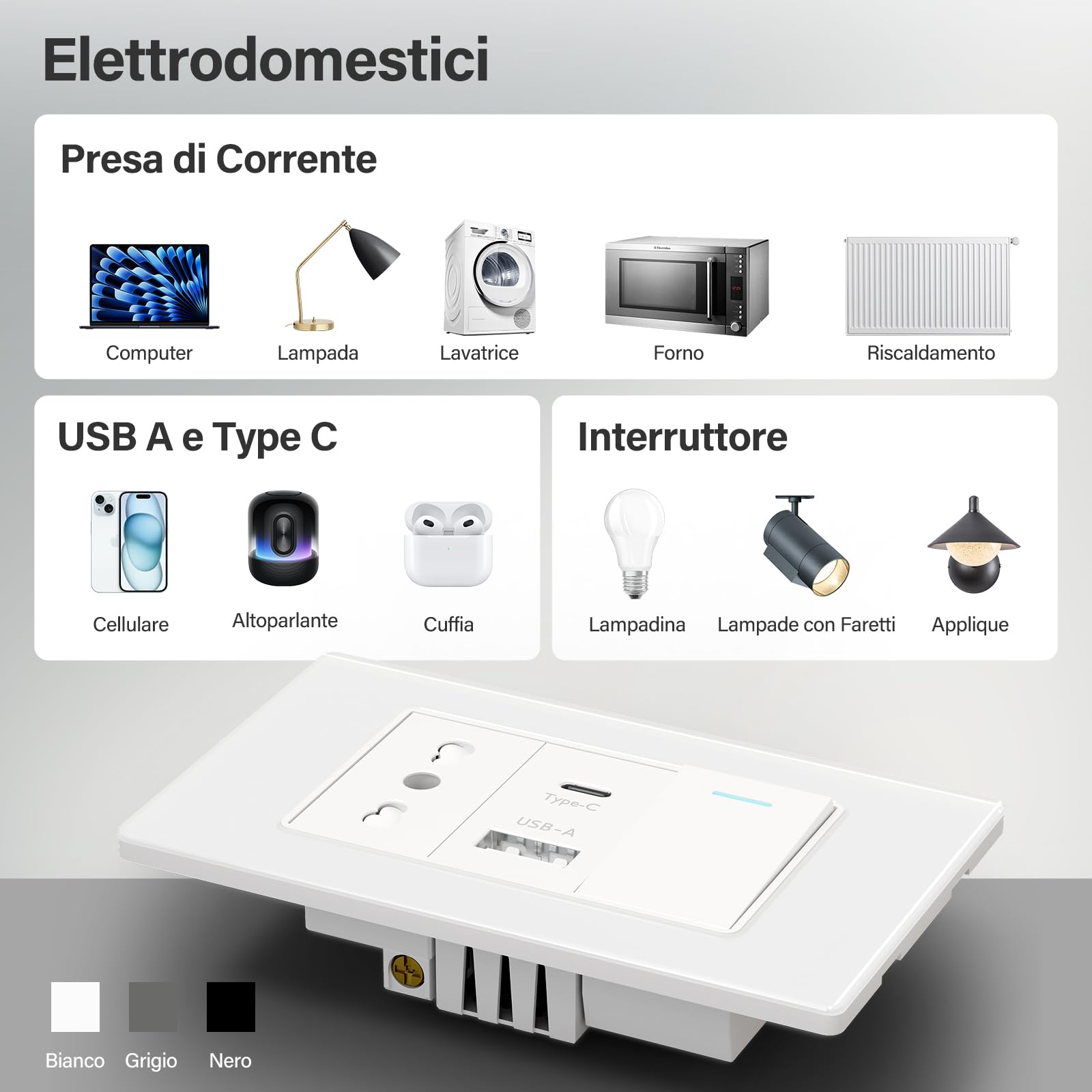 BSEED Prise avec USB A et USB C, prises électriques murales 118mm, prises italienne pour bureau à domicile, Prise+10.5W+1 Gang 1 Voie-4 pièces, Blanc