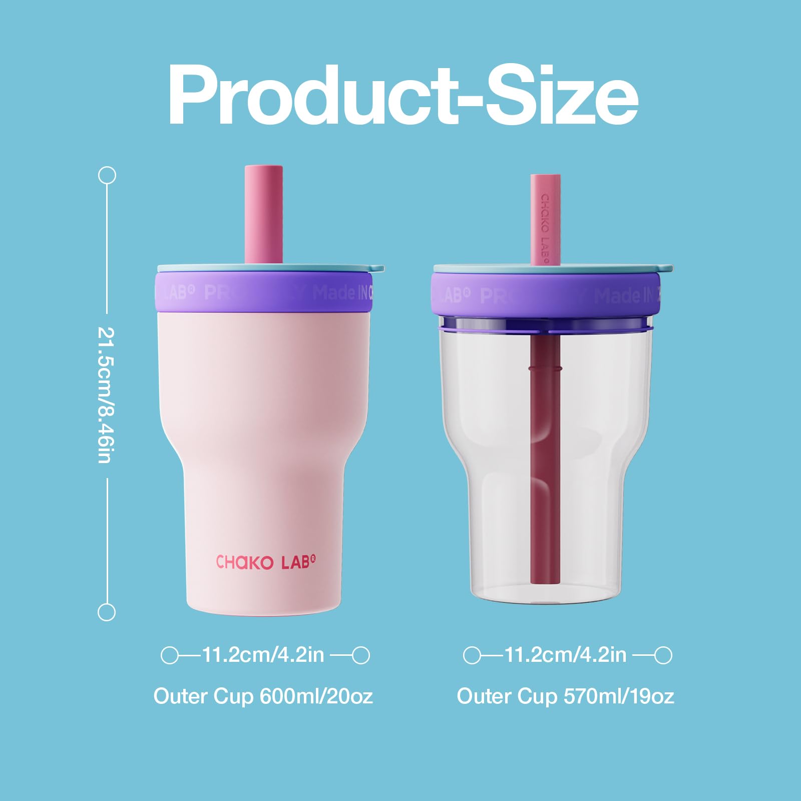 CHAKO LAB Isolierflasche aus Edelstahl | Doppelschichtiger Becher mit Glas- und Edelstahl-Innenbehälter | BPA-frei auslaufsichere Thermoskanne | 600ml Flasche mit zwei Strohhalmen | Rosa & Lila