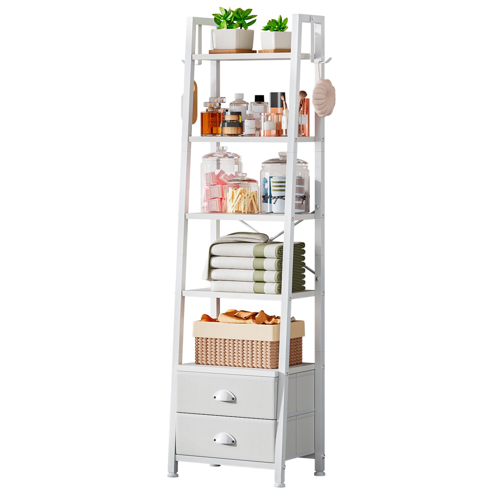 Estantería de 5 Niveles Tipo Escalera con 2 Cajones, Librería Estrecha Independiente para Almacenaje y Exhibición, Estilo Industrial, 39×29×161 cm (Blanco)
