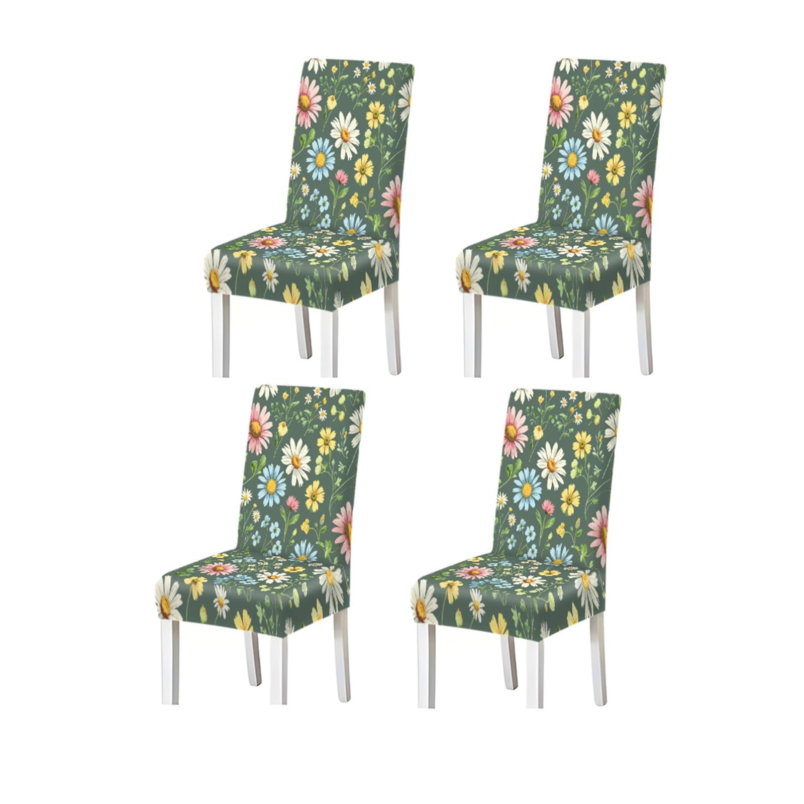 KXUAUV Fresh Dark Green Wildflower Daisy Print Stretch Dining Chair Covers, 2/4/6 PCS For Home Kitchen Party Seat Protectors for Restaurant Hotel Party(4PCSChair cover)