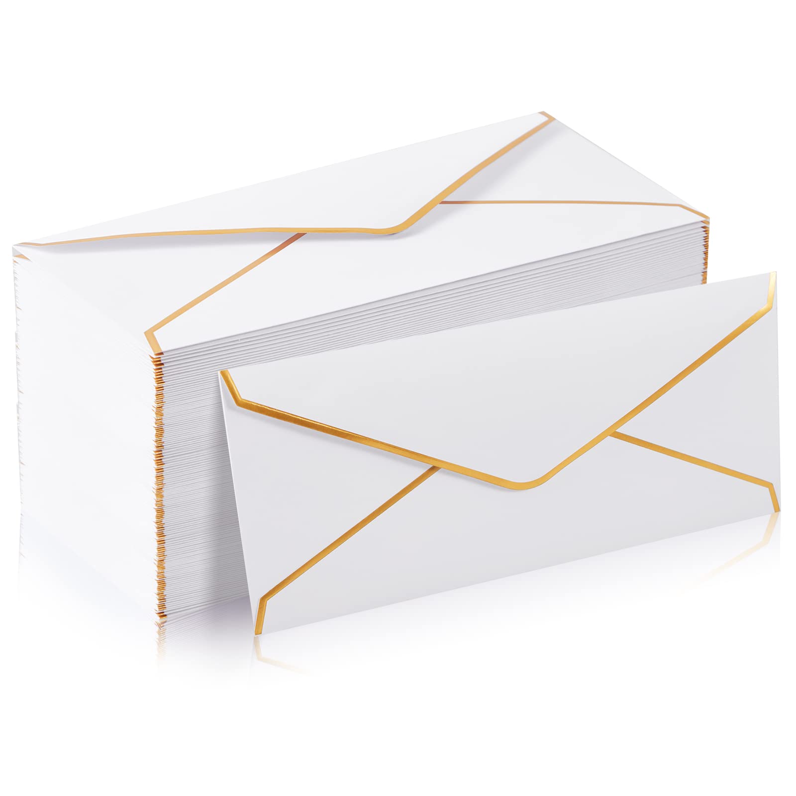 Ireer 100 Pcs #10 White Business Envelopes Letter Size with Gold Border 9.45 x 4.13 Inch Self Seal Decorative Gift Envelopes for Thanks Cards Letters