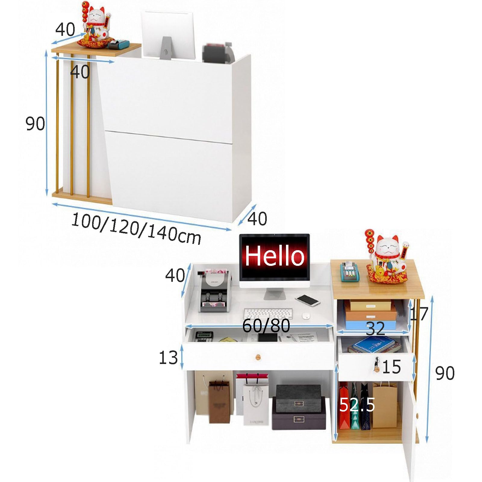 Comptoir de magasin avec tiroirs, bureau de réception pour entreprises et restaurants, noir et blanc, dimensions : 100 x 40 x 90 cm, station de paiement polyvalente pour vente au détail et hôtellerie