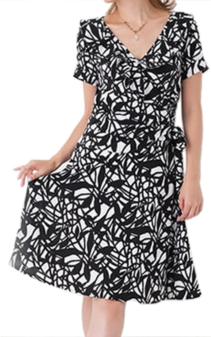 Amazon Co Jp アウトレット 半袖 フリル カシュクールワンピース 白黒流線 ワンピース ジャージーワンピース 大人 上品 キレイ 動きやすい 即納 2 白黒流線 服 ファッション小物