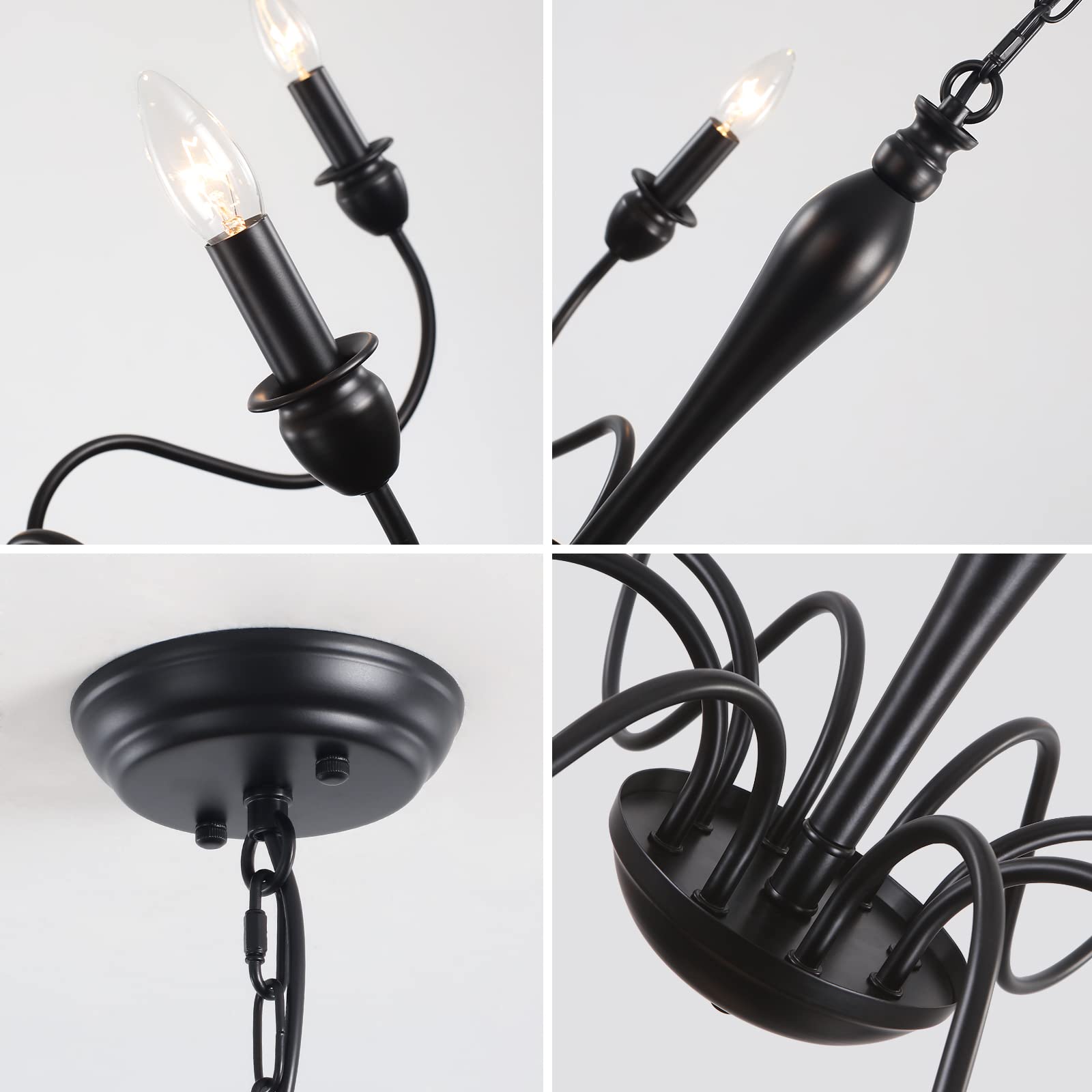 Kronleuchter Schwarz 8 Flammig Kronleuchter Vintage, Klassische Kerze Pendelleuchte Esstisch, Deckenlampe Wohnzimmer Hängend mit E14 Fassung, Hängelampe für Wohnzimmer Schlafzimmer Küche Flur