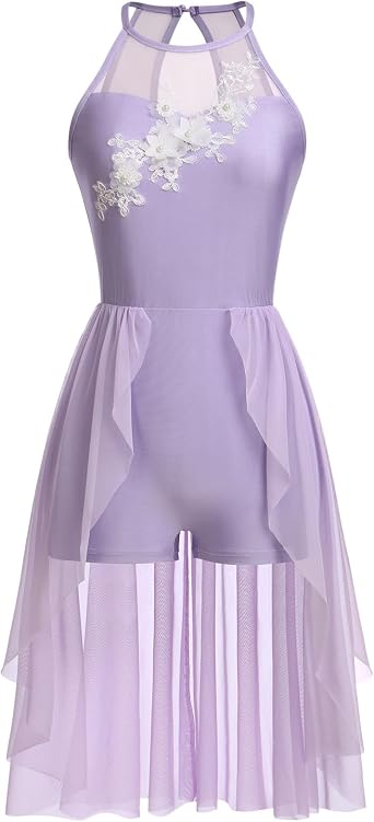 AFAVOM Lyrical Dance Costumes for Women Lace Flower Lyrical Dress Flowy Chiffon Leotard Skirt Contemporary Dance Costumes