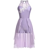 AFAVOM Lyrical Dance Costumes for Women Lace Flower Lyrical Dress Flowy Chiffon Leotard Skirt Contemporary Dance Costumes