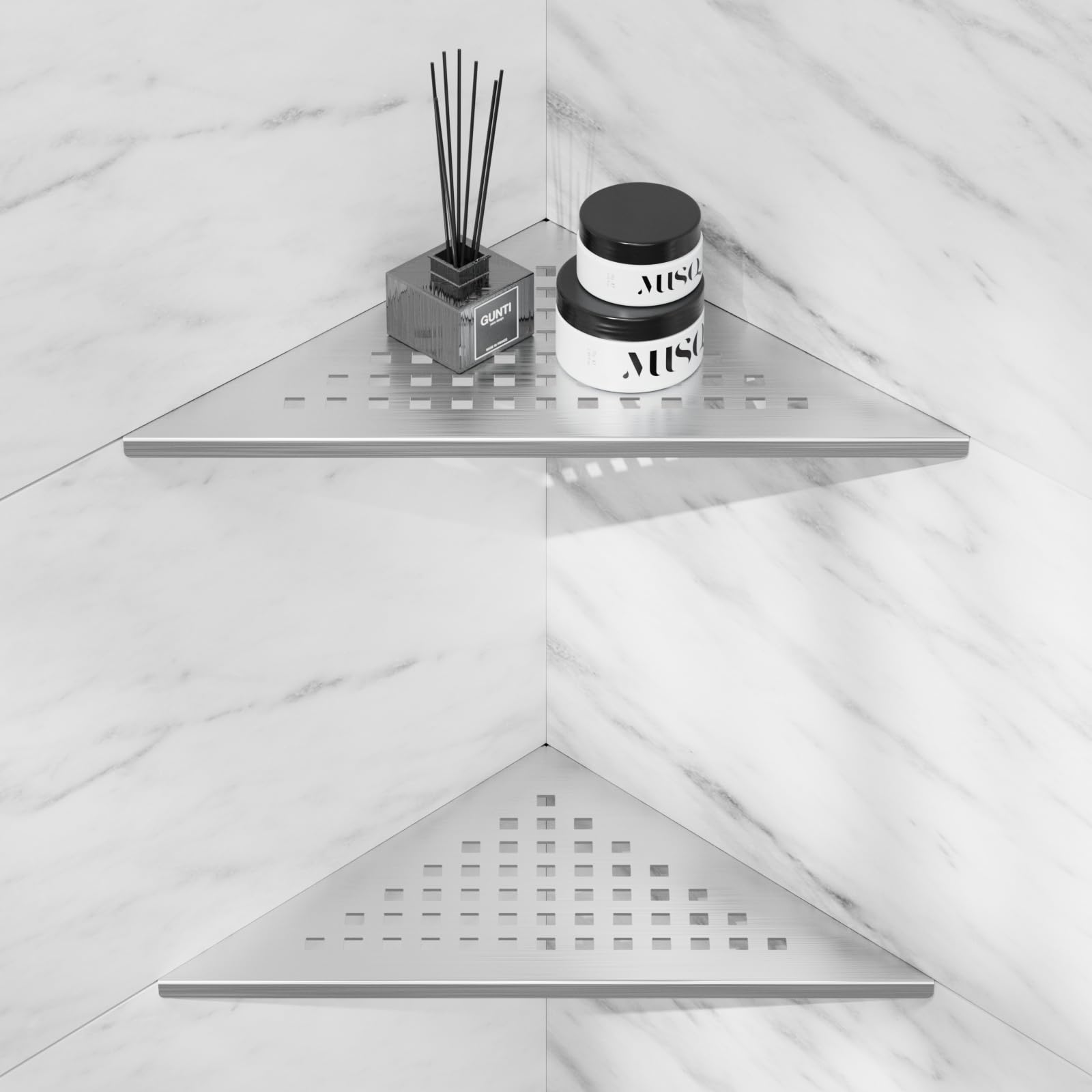 Eck-Duschregal, 25,4 cm, Schlitz-Design, Badezimmer-Regale für geflieste Wand, 304 Edelstahl, versenkte Organizer, Eckregale für Innendusche, 2 Stück, Silber (quadratisch)