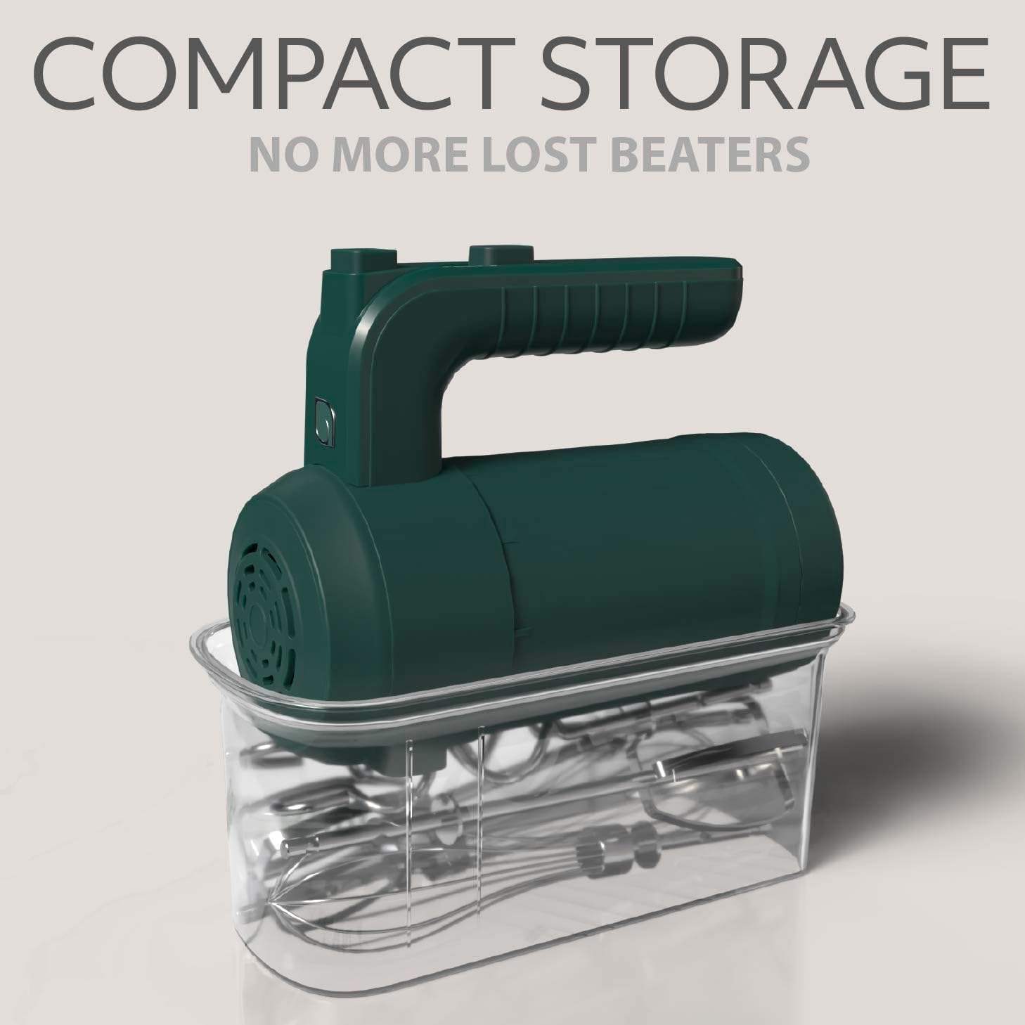 WILLOW Eco Series Electric Hand Mixer, 5 Speed Ultra Power Handheld Mixer with Stainless Steel Whisks, Beaters & Dough Hooks + Eject Button, 350W Kitchen Mixer with Snap-On Storage Case - GREEN