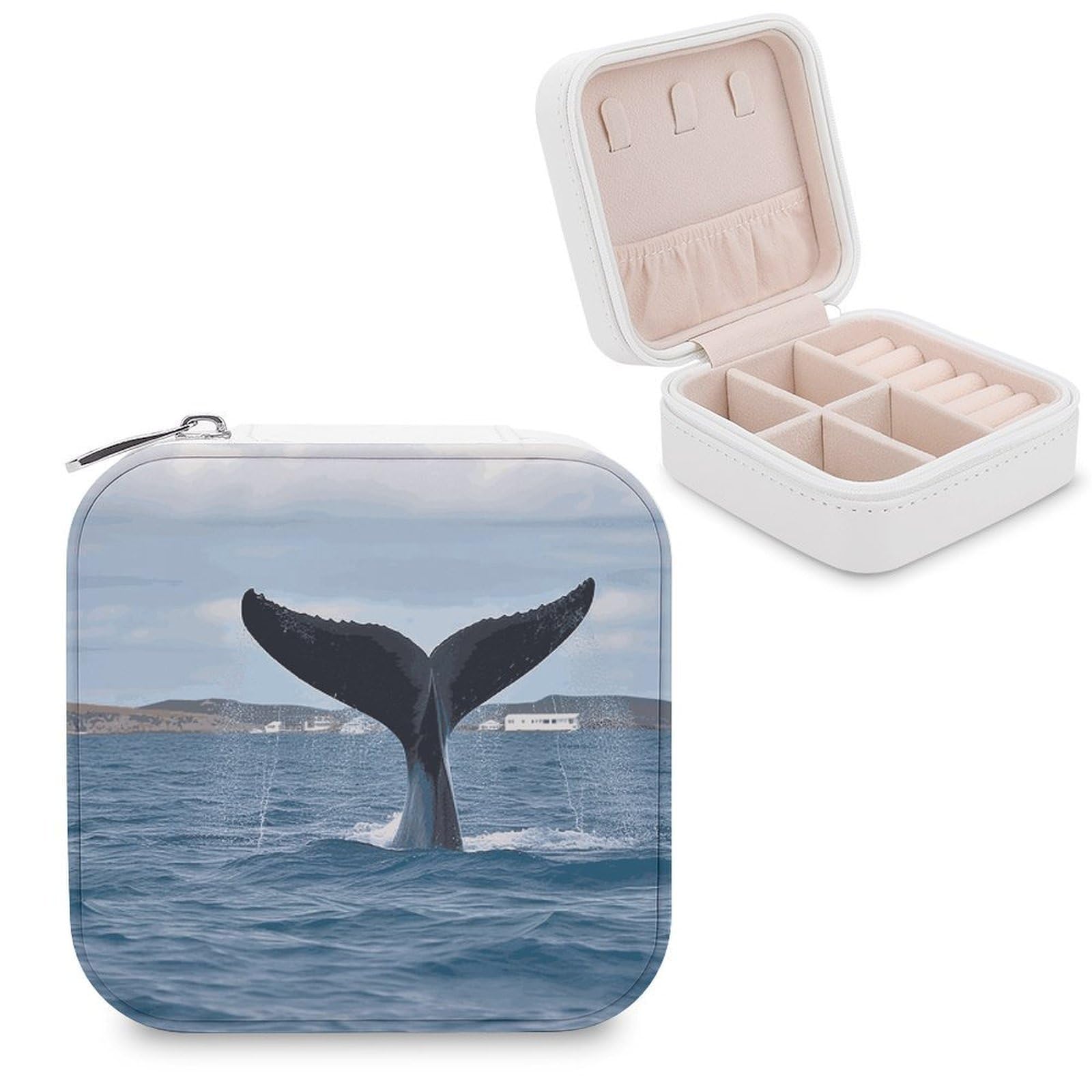 MUSM Whale Tail Travel Jewelry Case Personalized PU Leather Jewelry Boxes for Women Small Portable Jewelry Organizer Box Cute Trinket Box for Necklaces Rings Earrings & Gifts