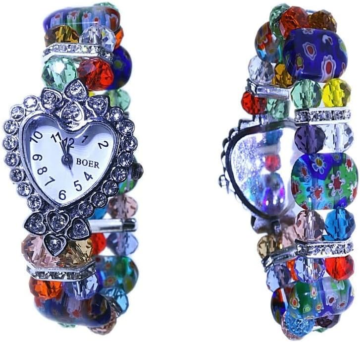 Handmade Round Diamond Flowers Glazed Bracelet Watch Jewelry For Women
