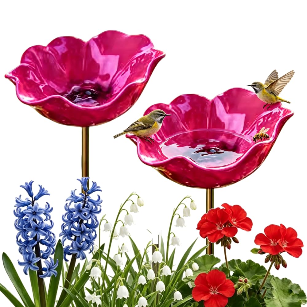 2Pcs Handmade Bird Metal Garden Stake with Flower Bowl, 2-in-1 Bee Watering Station for Outside Lawn, Yard, Patio AND Potted Plants, Decorative Bird Bath for Garden (rose red)