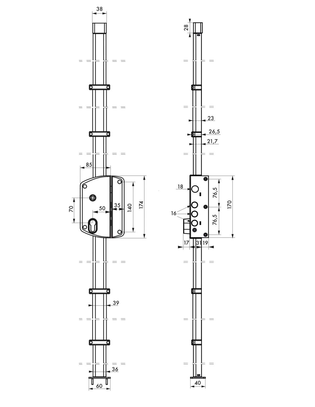 THIRARD - Boitier de Serrure en Applique Melissa à Fouillot pour Porte d'Entrée - Droite - 3 Points - Porte de 1,95 m à 2,2 m - Axe 50 mm - Or - Mécanisme à 1/2 Tour - Pênes Dormants en Acier