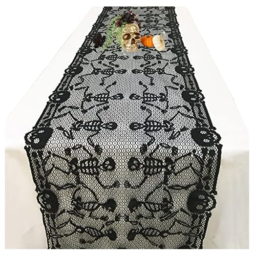 Halloween Table Runner - Gothic Black Lace Skull Skeleton Table Runner for Halloween Masquerade Scary Movie Nights, 20 x 80 Inch