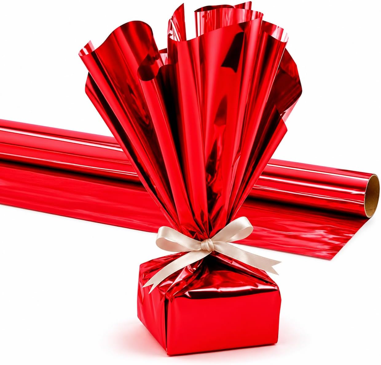 PMU Gift Wrap Mylar Roll Metallic Red 2-sided, 48 Inches X 25 Ft Roll 1.4 Mil Highly Reflective Mylar Film, Great for Gifts, Birthdays, Christmas, Baskets, Arts & Crafts