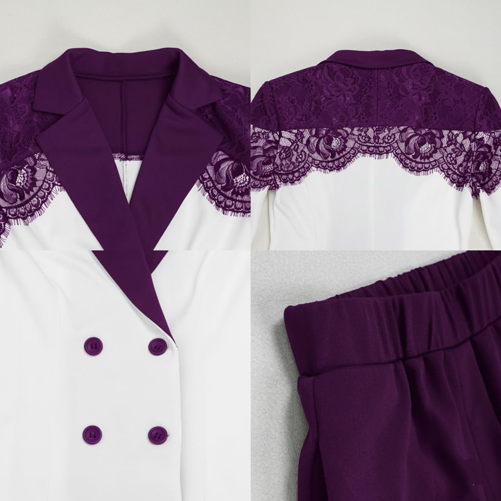LROSEY Womens Dressy Pants Suits 2 Piece Set Double Breasted Lace Blazer Elastic Suit Pants Business Work Office Outfits - Image 5