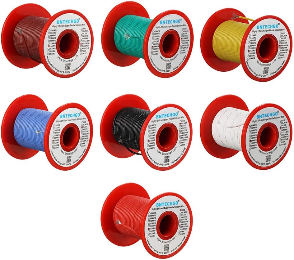 BNTECHGO 24 Gauge Silicone Wire Kit 7 Color Each 100 ft Flexible 24 AWG Stranded Tinned Copper Wire