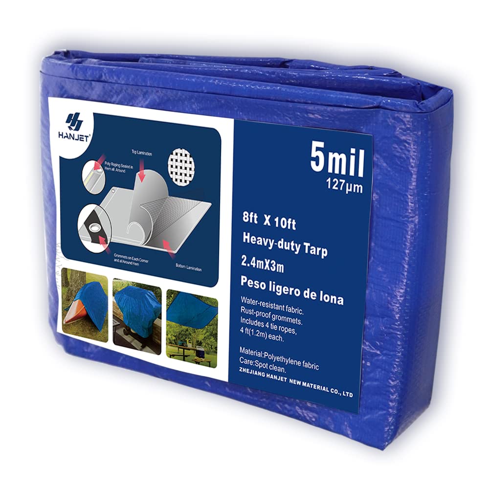 8' x 10' Tarps Heavy Duty Waterproof Outdoor Multi-Purpose 5 Mil Thick Reinforced Black Corner for Camping Shelter Boat Pool Roof Cover with Grommets Blue…