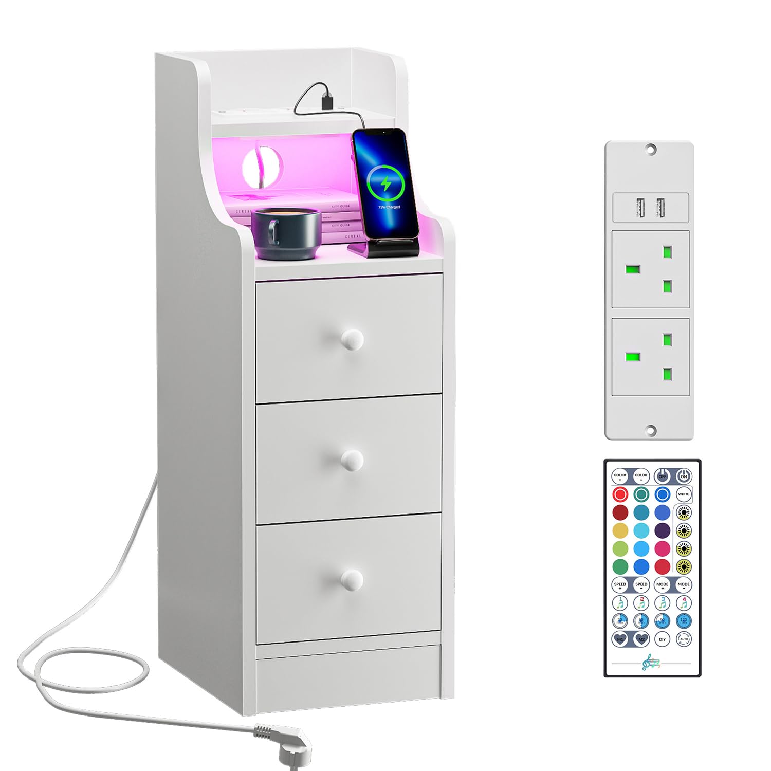 Slim Bedside Table 25x30x70cm with LED Light and Charging Station 2 USB,Side End Tables with 3 Drawers
