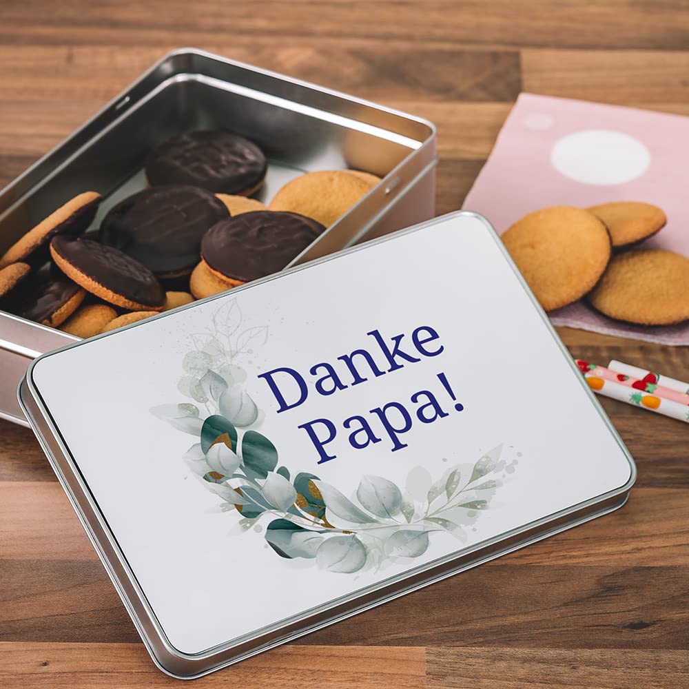 STEMPEL-FABRIK – personalisierbare eckige Dose mit Name oder Wunschtext – Aquarell Motiv mit grüner Mondsichel – bedruckte Geschenkdose – ideale Keksdose, Metalldose, Plätzchendose