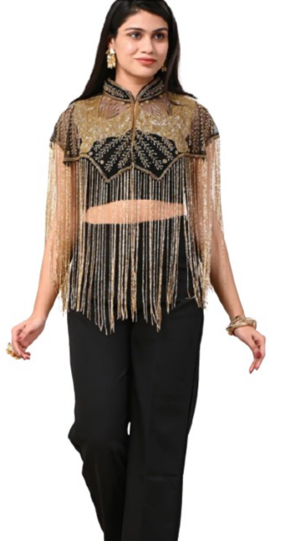 Women's Embroidered Net Cape Shrug with Gold Fringe Detail, Black and Gold-image-28