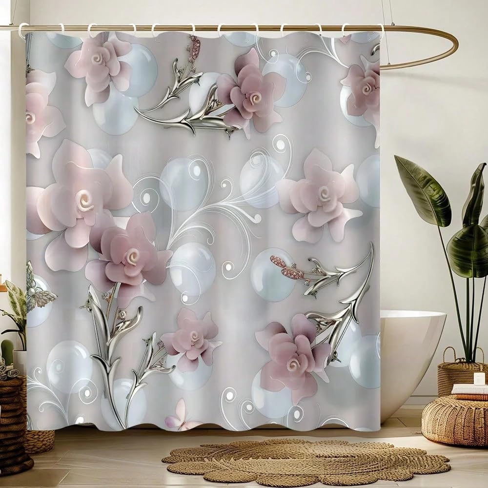 GLKSDLPO Nordic Floral 3D Embossed Shower Curtain, Pink & White Floral Pattern 3D Art Printing Bathroom Shower Curtain(140x320cm/55x126in(WxH)