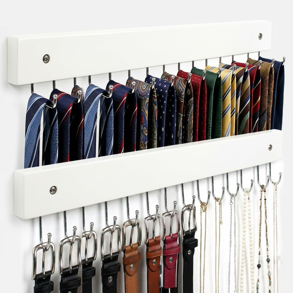 2Pack Wall-Mounted Tie & Belt Rack Organizer, Wooden with 28 Rotating Hooks