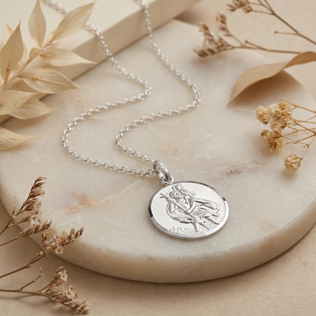 Alexander Castle Collier Pendentif Saint Christophe Réversible pour Homme, en Argent Sterling 925, Grande Taille (24mm), avec Chaîne en Argent Sterling de 50cm et Coffret Cadeau Bijoux