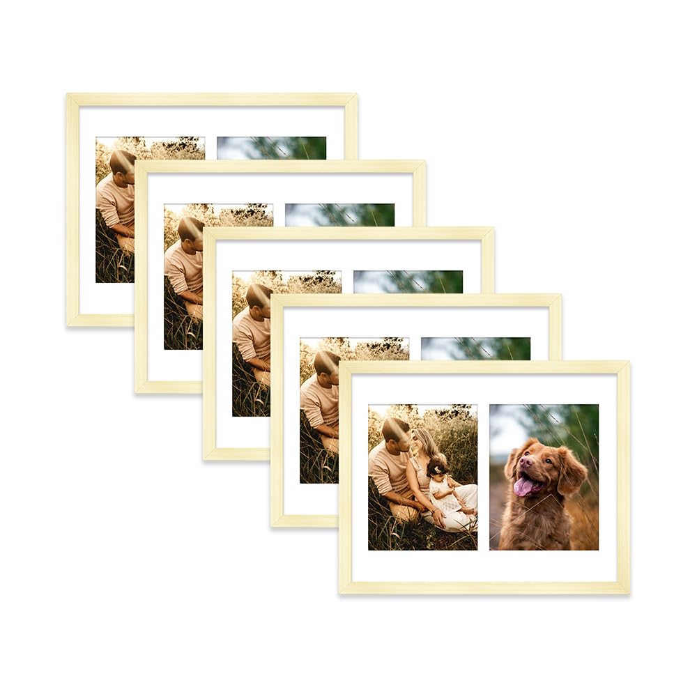 Gold Multi Photo Frame - Holds 2 x 8x6 Pictures, Family Collage Picture Frame for Wall Display, 14x11 Frame size, Set of 5