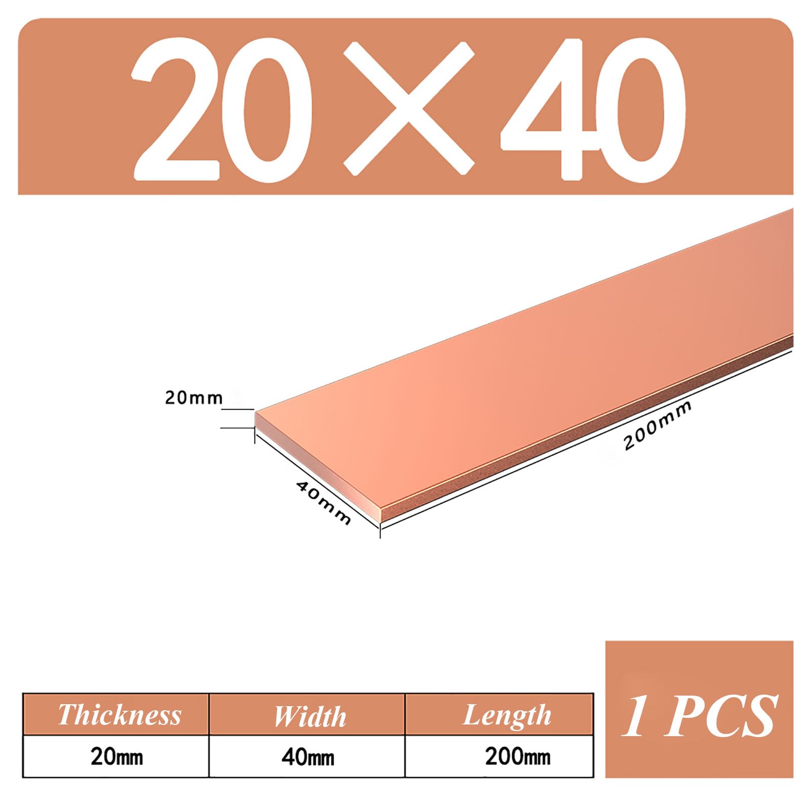 Copper Flat Bar, 20Mm Thickness X 200Mm Length T2 Copper Plates, 20/25/30/40/50/60/80Mm Width,20 * 40 * 200mm