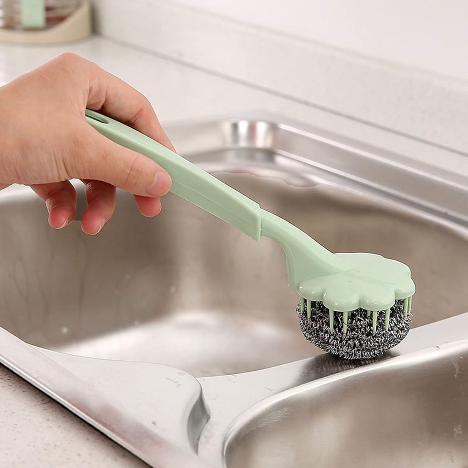 XTYPE Stainless Steel Wire Ball Brush with Long Handle Kitchen Hanging Cleaning Brush pan Kitchen Dish Handle Washing Tool (Color : Yellow)