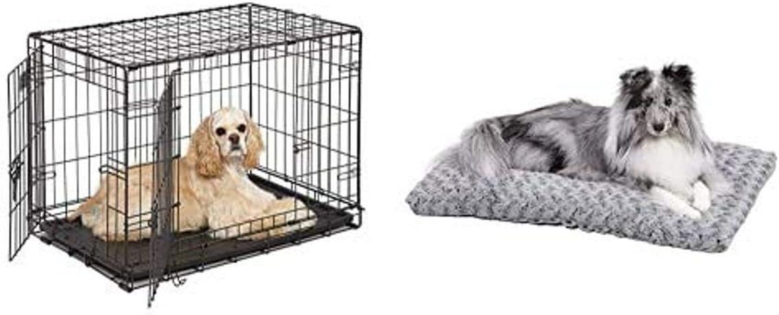 MidWest Homes for Pets Double Door Folding Metal Dog Crate with Plush Pet Bed