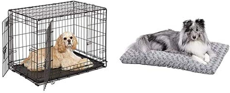Jaula para perros de metal plegable de doble puerta con cama para mascotas de felpa